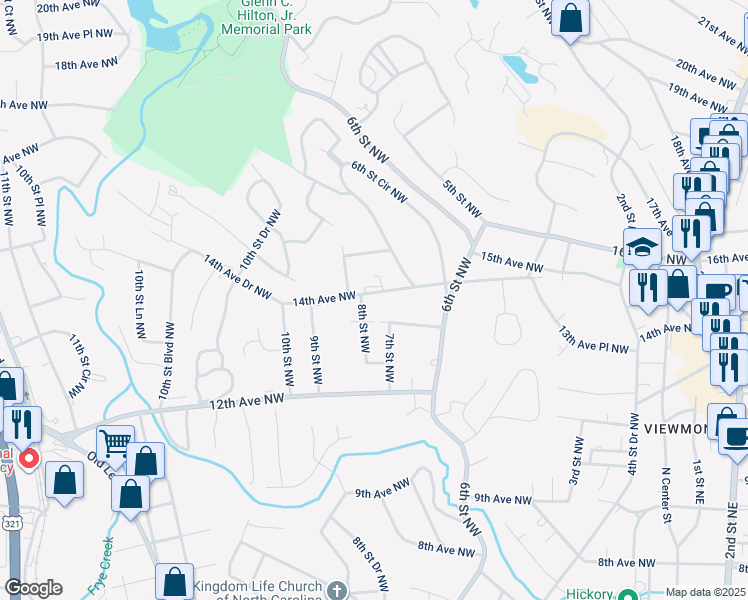 map of restaurants, bars, coffee shops, grocery stores, and more near 727 14th Avenue Northwest in Hickory