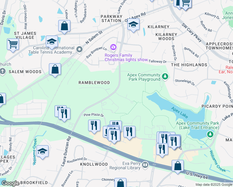map of restaurants, bars, coffee shops, grocery stores, and more near 1139 Edgewater Ridge Court in Apex