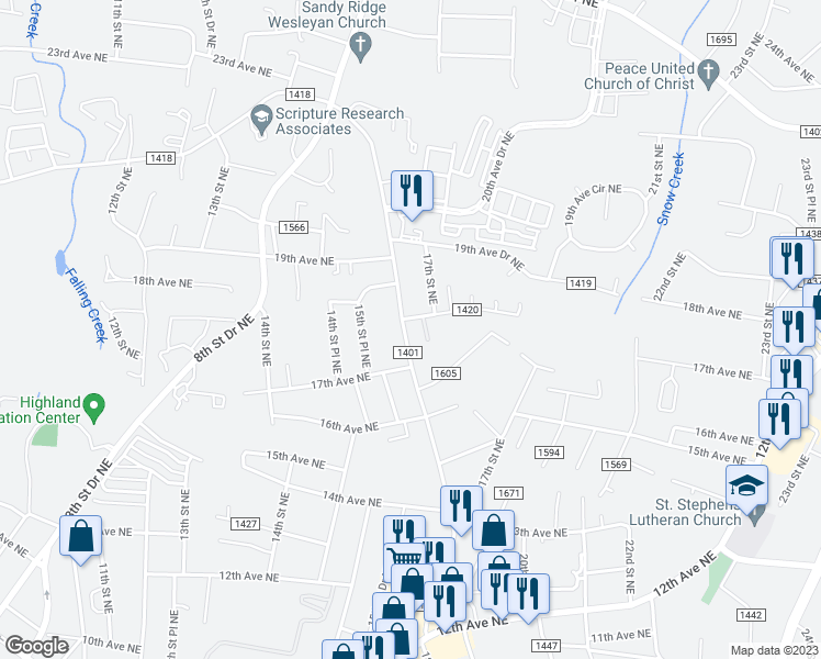 map of restaurants, bars, coffee shops, grocery stores, and more near 1622 18th Avenue Northeast in Hickory