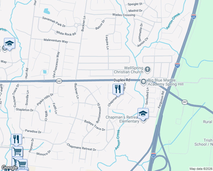 map of restaurants, bars, coffee shops, grocery stores, and more near 1720 Stephenson Lane in Spring Hill