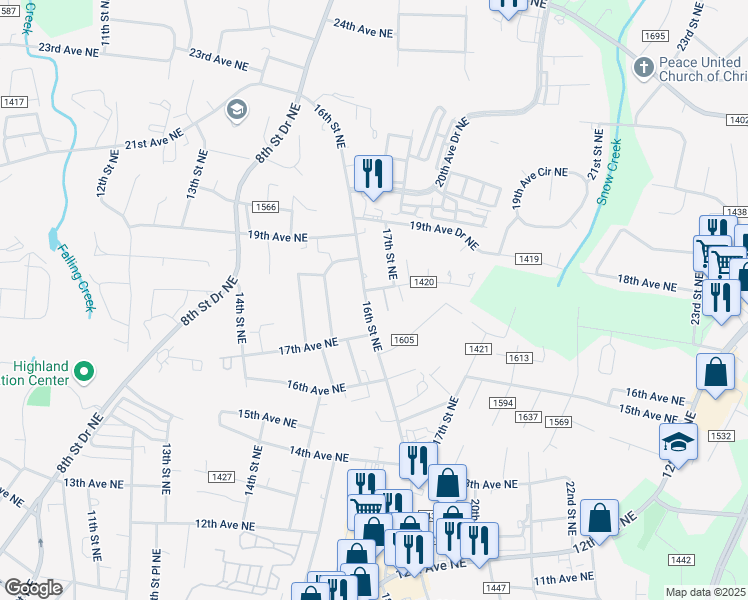 map of restaurants, bars, coffee shops, grocery stores, and more near 1628 18th Avenue Northeast in Hickory