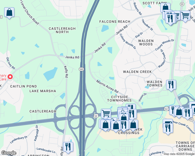 map of restaurants, bars, coffee shops, grocery stores, and more near 7232 Morris Acres Road in Apex
