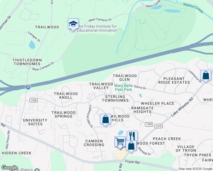 map of restaurants, bars, coffee shops, grocery stores, and more near 2201 Long Pine Lane in Raleigh