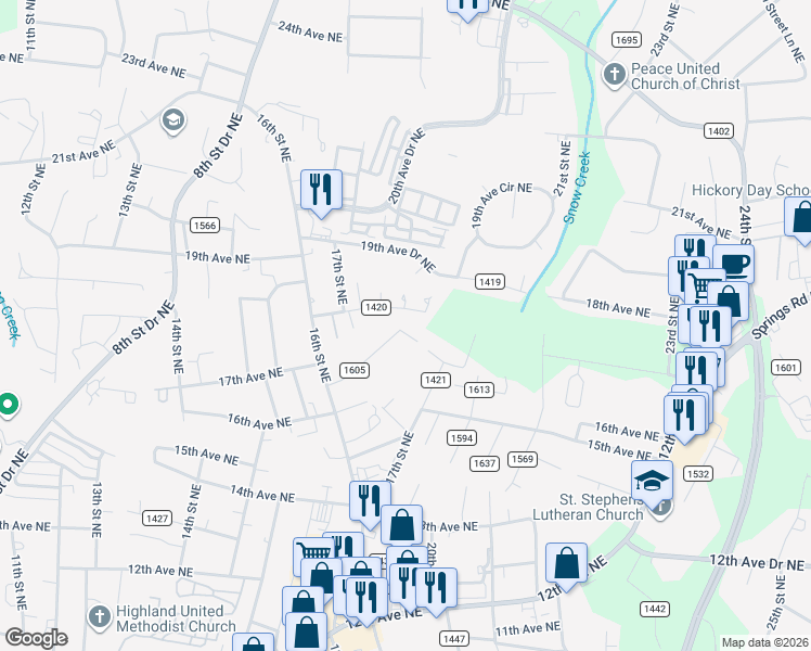 map of restaurants, bars, coffee shops, grocery stores, and more near 1793 17th Avenue Northeast in Hickory