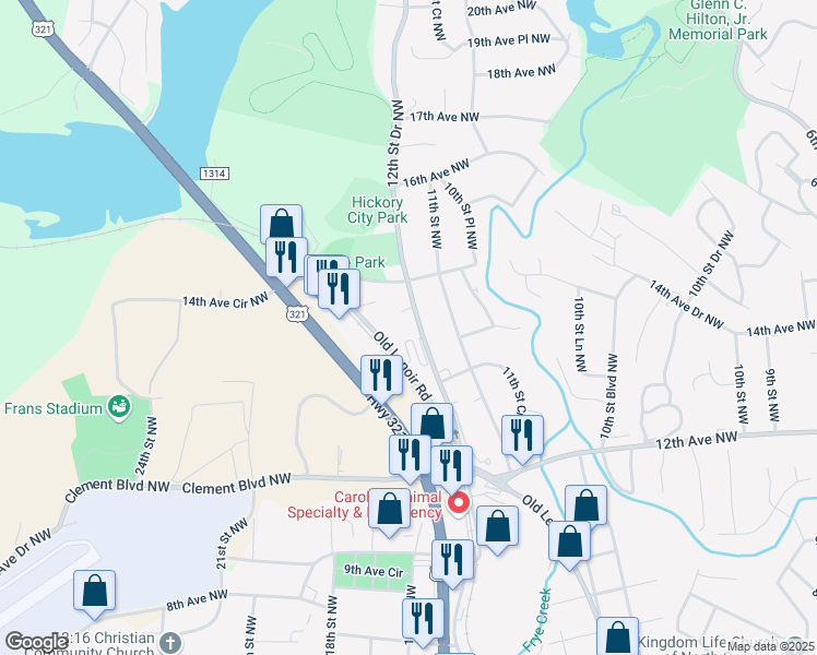 map of restaurants, bars, coffee shops, grocery stores, and more near 1435 12th Street Drive Northwest in Hickory