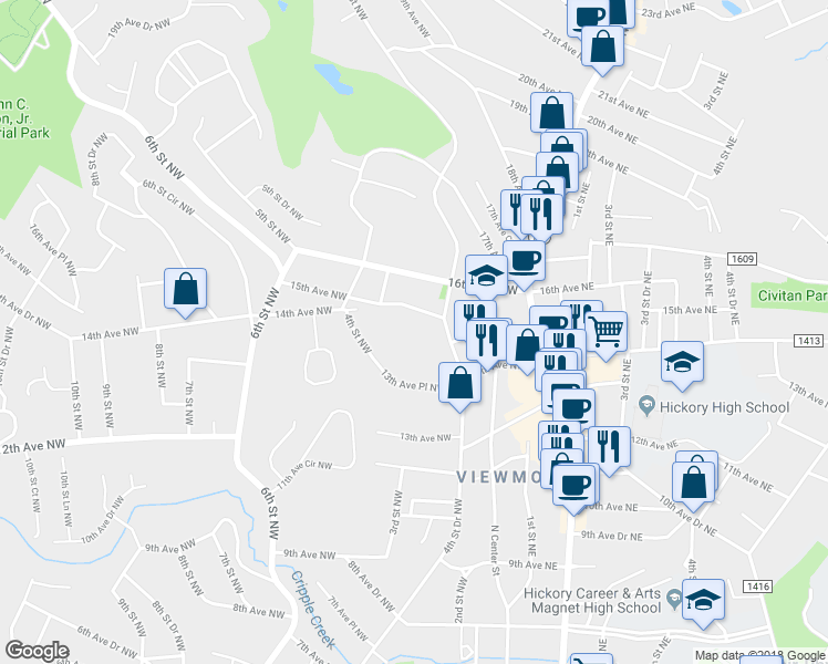 map of restaurants, bars, coffee shops, grocery stores, and more near 1445 4th Street Drive Northwest in Hickory