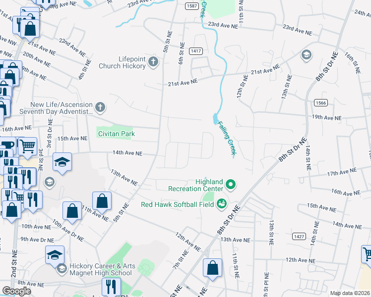 map of restaurants, bars, coffee shops, grocery stores, and more near 1520 5th Street Northeast in Hickory