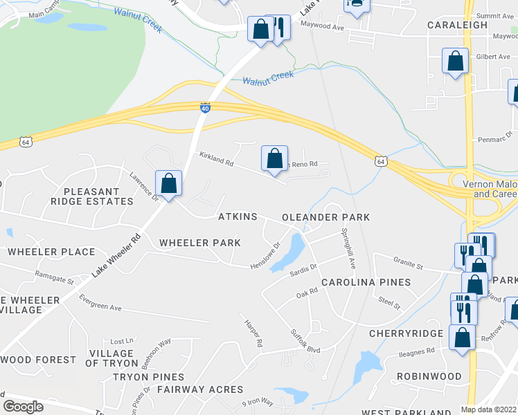 map of restaurants, bars, coffee shops, grocery stores, and more near 1317 Kirkland Road in Raleigh