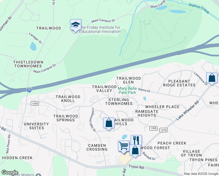 map of restaurants, bars, coffee shops, grocery stores, and more near 2201 Long Pine Lane in Raleigh