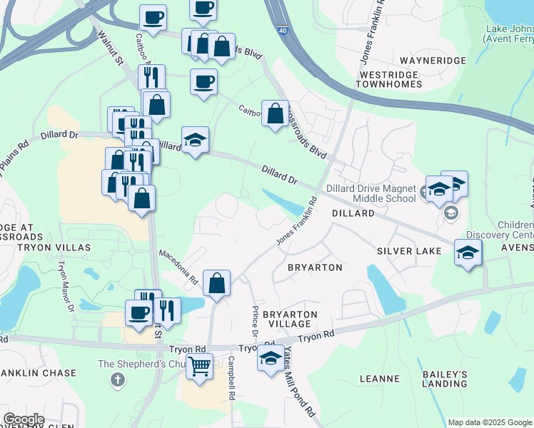map of restaurants, bars, coffee shops, grocery stores, and more near 111 Corning Road in Cary