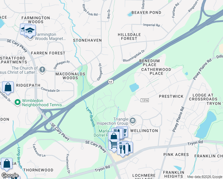 map of restaurants, bars, coffee shops, grocery stores, and more near 1223 Renshaw Court in Cary