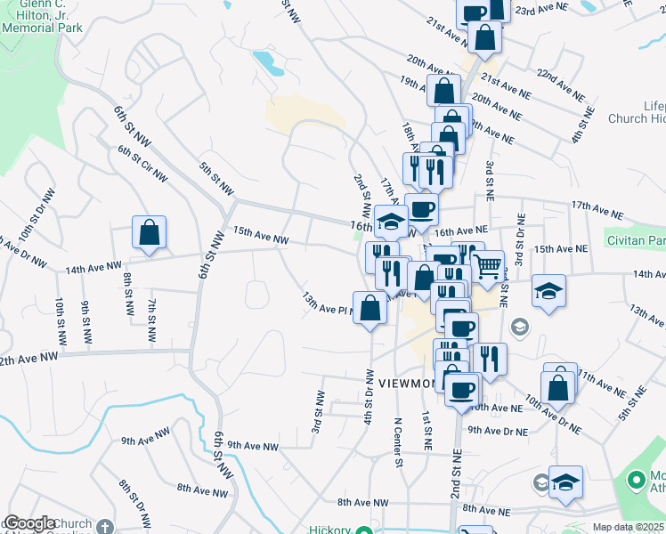 map of restaurants, bars, coffee shops, grocery stores, and more near 1445 4th Street Drive Northwest in Hickory