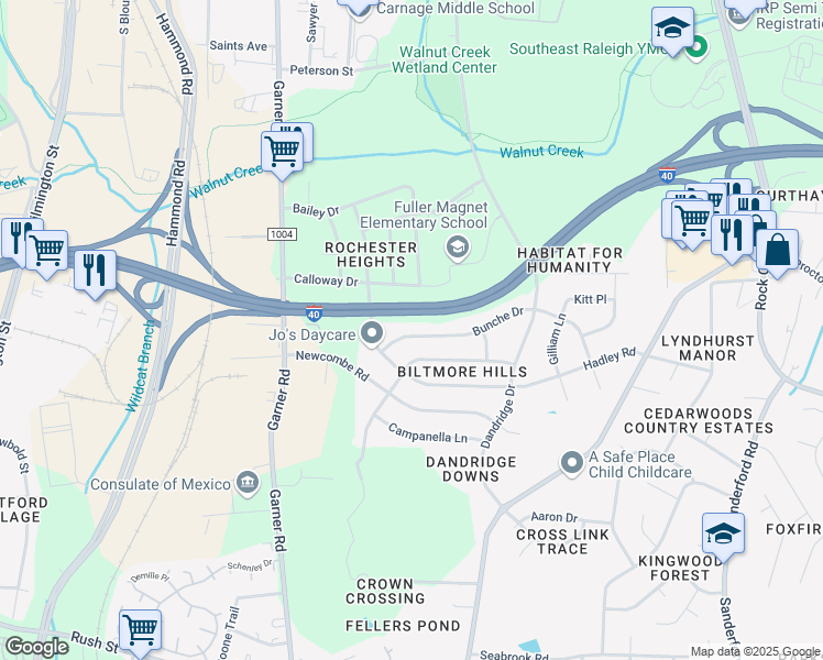map of restaurants, bars, coffee shops, grocery stores, and more near 721 Bunche Drive in Raleigh