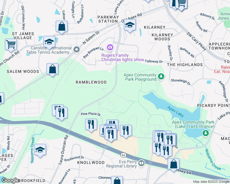 map of restaurants, bars, coffee shops, grocery stores, and more near 1186 Edgewater Ridge Court in Apex