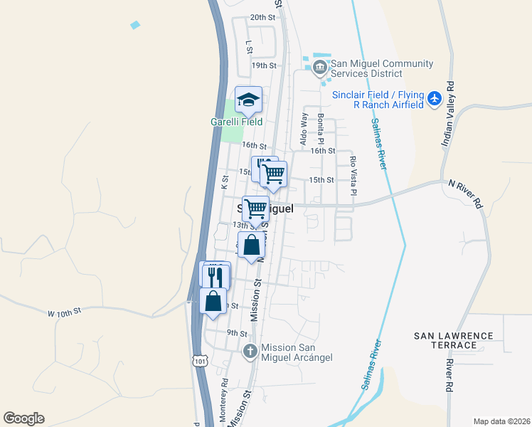 map of restaurants, bars, coffee shops, grocery stores, and more near 1350 Mission Street in San Miguel