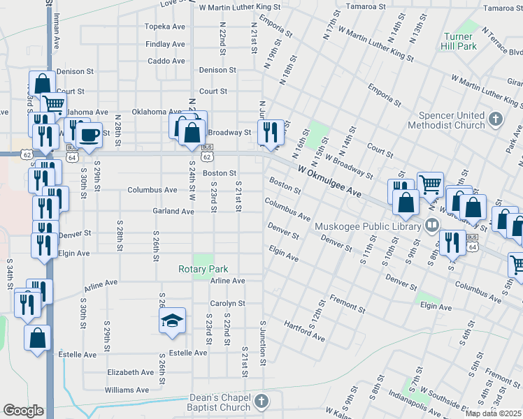 map of restaurants, bars, coffee shops, grocery stores, and more near 309 South Junction Street in Muskogee