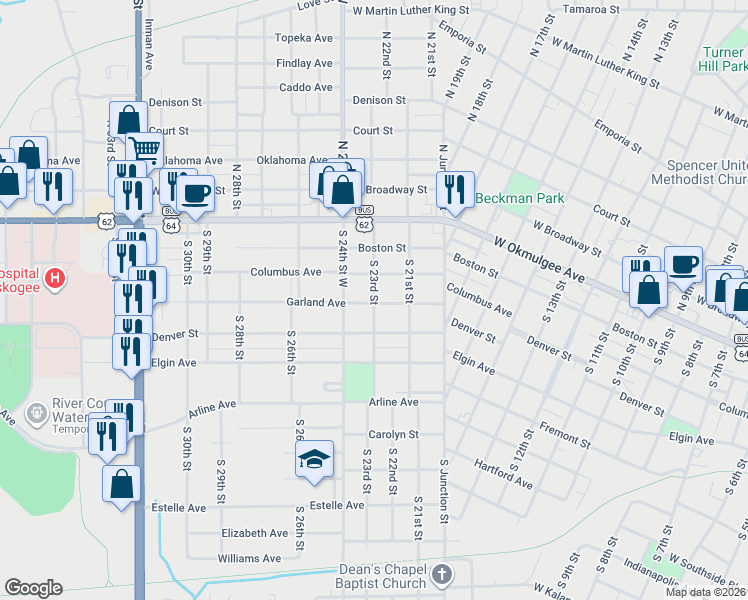 map of restaurants, bars, coffee shops, grocery stores, and more near 2300 Garland Street in Muskogee