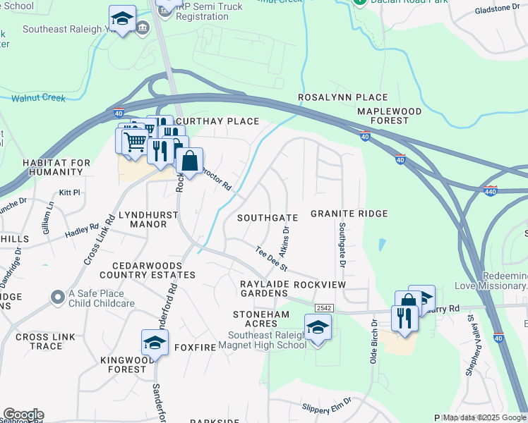 map of restaurants, bars, coffee shops, grocery stores, and more near 2004 Crawford Drive in Raleigh