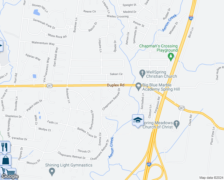 map of restaurants, bars, coffee shops, grocery stores, and more near 1308 Chapman Court in Spring Hill