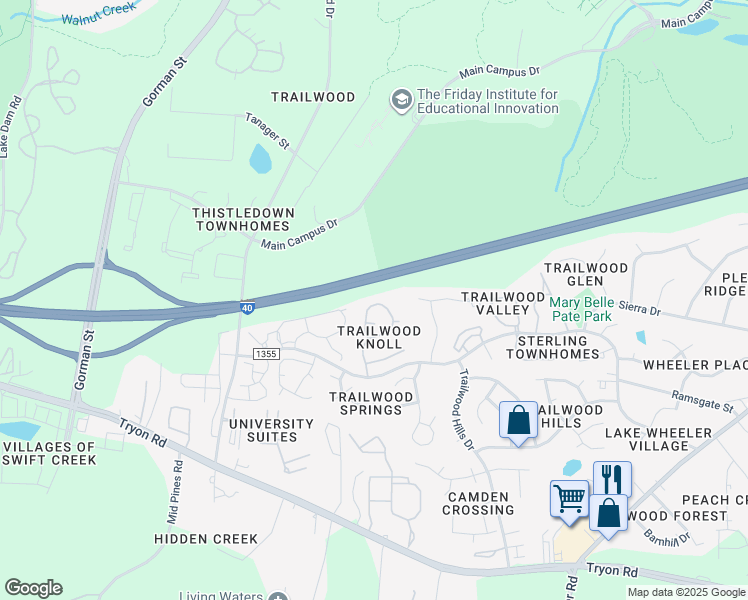 map of restaurants, bars, coffee shops, grocery stores, and more near 1929 Deep Forest Trail in Raleigh