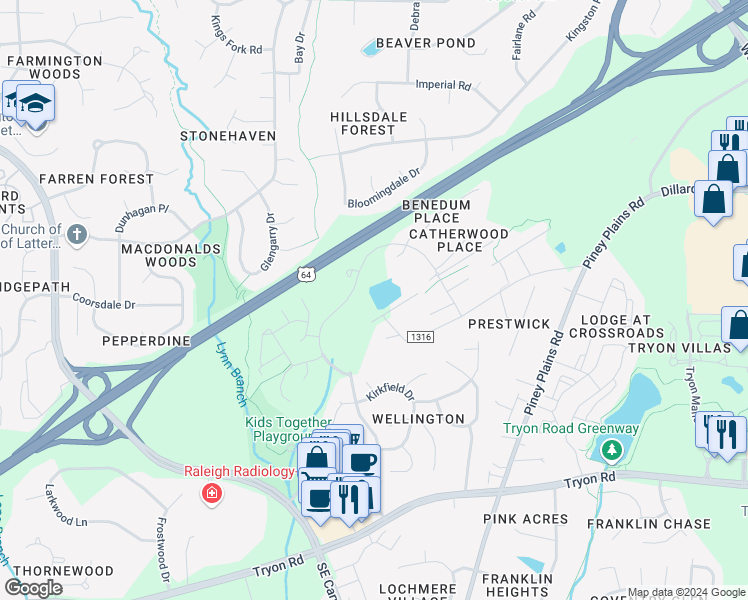 map of restaurants, bars, coffee shops, grocery stores, and more near 1000 Forest Park in Cary