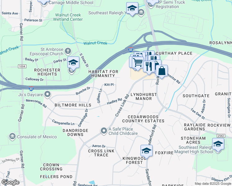 map of restaurants, bars, coffee shops, grocery stores, and more near 2011 Waters Drive in Raleigh