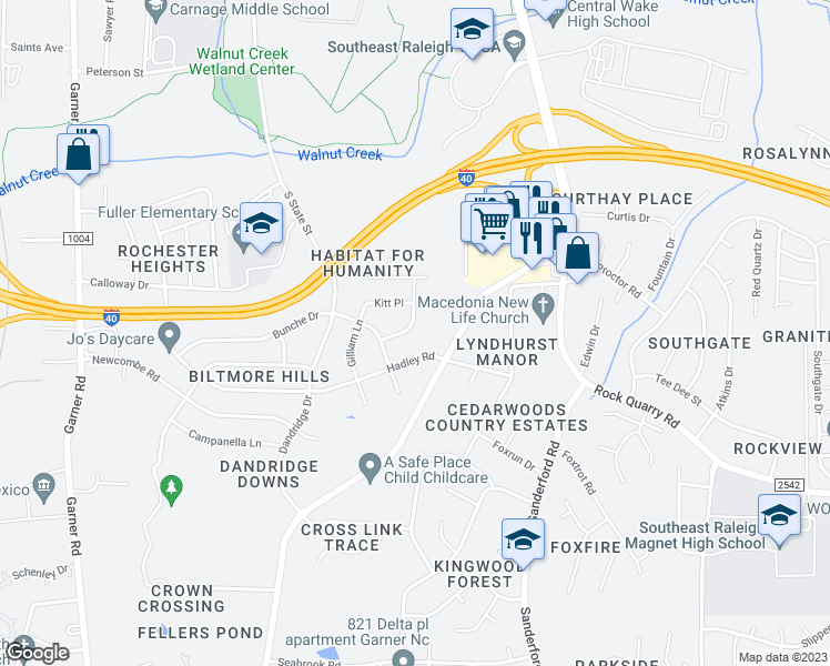 map of restaurants, bars, coffee shops, grocery stores, and more near 2011 Waters Drive in Raleigh