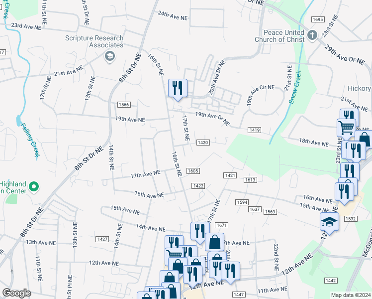 map of restaurants, bars, coffee shops, grocery stores, and more near 1602 18th Avenue Northeast in Hickory