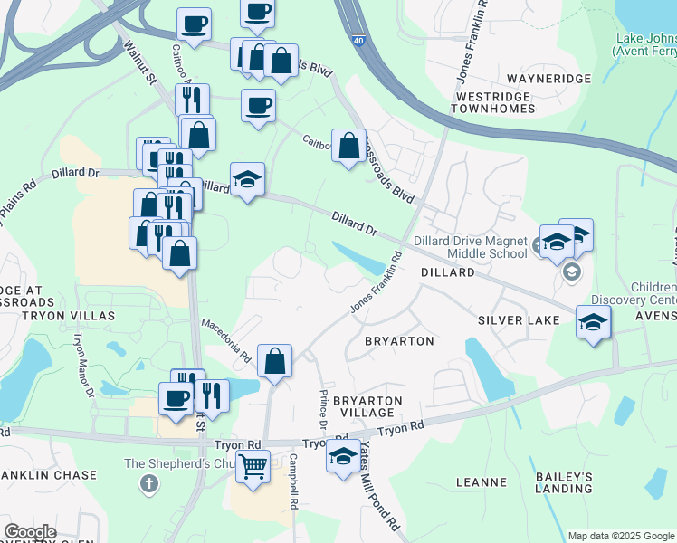 map of restaurants, bars, coffee shops, grocery stores, and more near 111 Corning Road in Cary