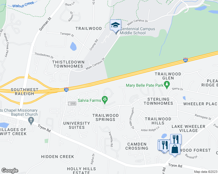 map of restaurants, bars, coffee shops, grocery stores, and more near 1929 Deep Forest Trail in Raleigh