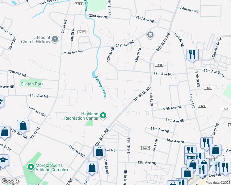 map of restaurants, bars, coffee shops, grocery stores, and more near 1733 12th Street Northeast in Hickory