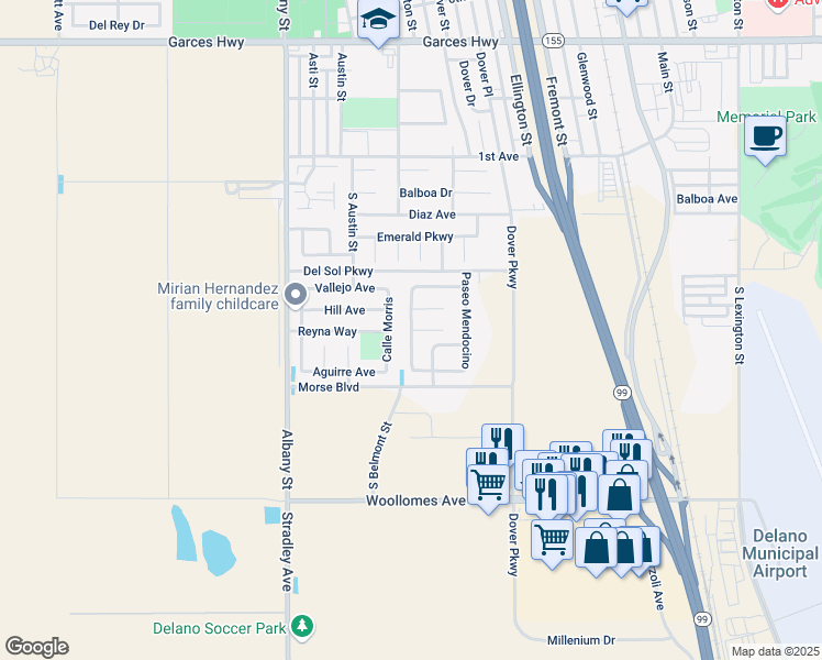 map of restaurants, bars, coffee shops, grocery stores, and more near Moonstone Beach Court in Delano