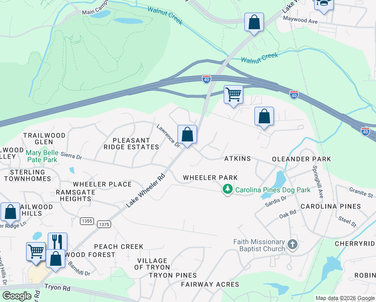 map of restaurants, bars, coffee shops, grocery stores, and more near 2101 Lake Wheeler Road in Raleigh