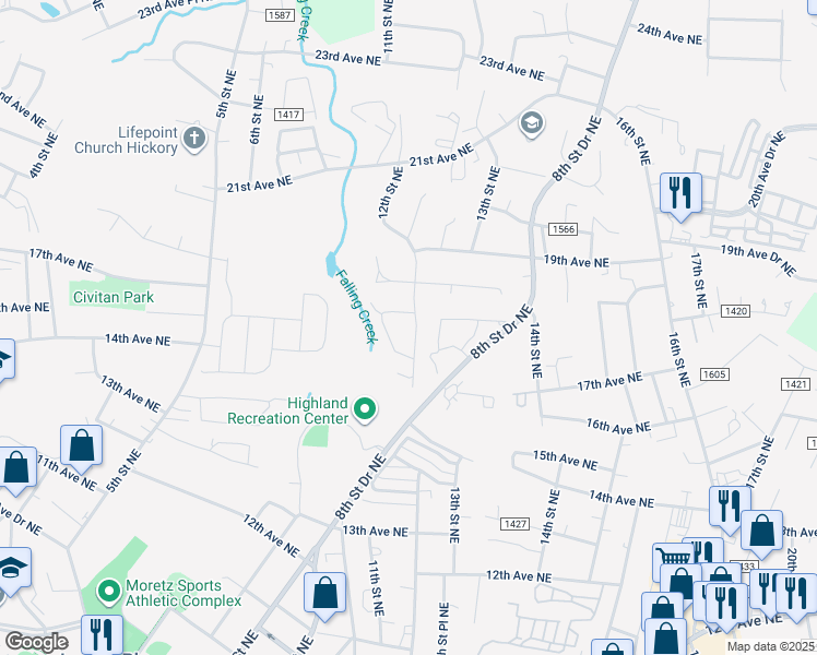 map of restaurants, bars, coffee shops, grocery stores, and more near 1733 12th Street Northeast in Hickory