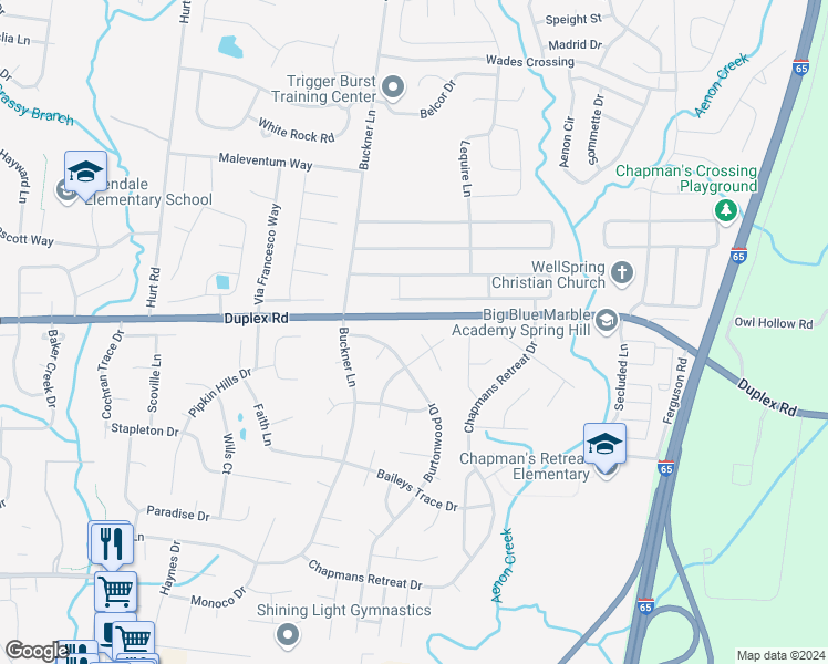 map of restaurants, bars, coffee shops, grocery stores, and more near 3305 Foxtrot Court in Spring Hill