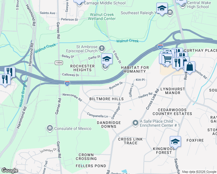 map of restaurants, bars, coffee shops, grocery stores, and more near 761 Bunche Drive in Raleigh
