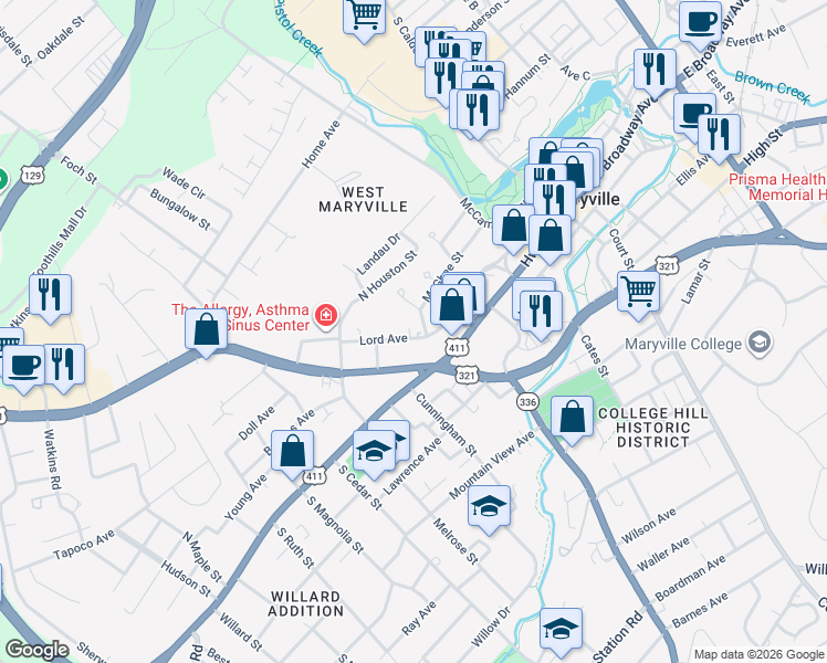 map of restaurants, bars, coffee shops, grocery stores, and more near 523 Lord Avenue in Maryville