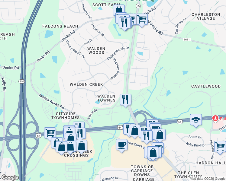 map of restaurants, bars, coffee shops, grocery stores, and more near 2007 White Pond Court in Apex