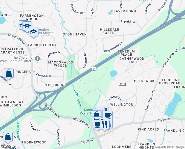 map of restaurants, bars, coffee shops, grocery stores, and more near 1022 Renshaw Court in Cary