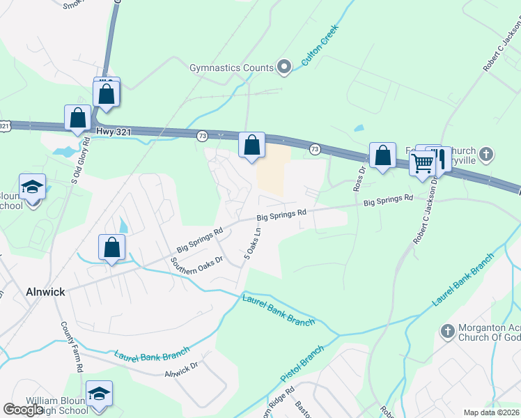 map of restaurants, bars, coffee shops, grocery stores, and more near 1944 Big Springs Road in Maryville