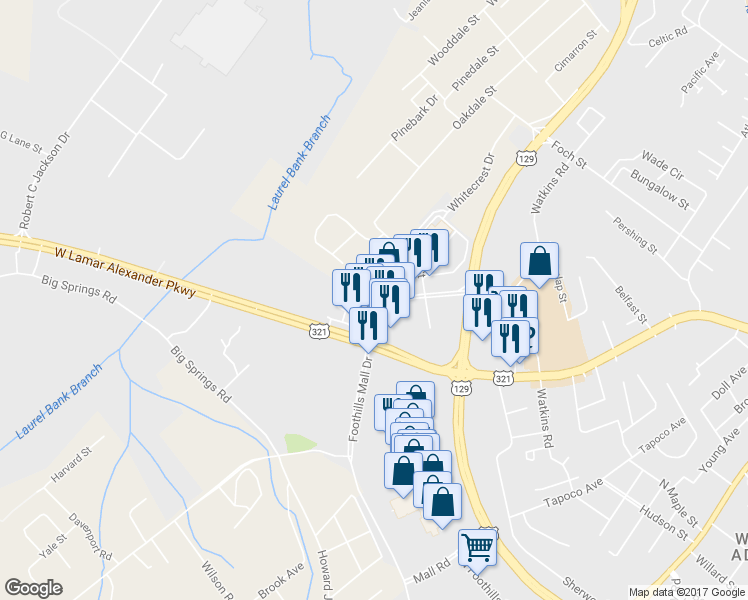 map of restaurants, bars, coffee shops, grocery stores, and more near 807 Foothills Mall Drive in Maryville