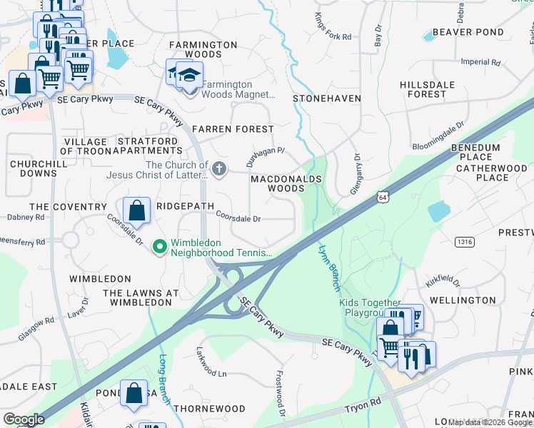 map of restaurants, bars, coffee shops, grocery stores, and more near 106 Coorsdale Drive in Cary