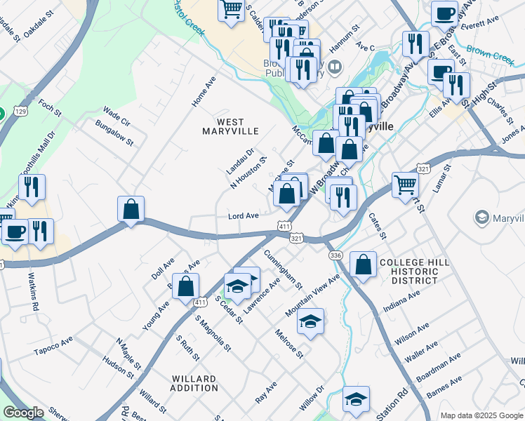 map of restaurants, bars, coffee shops, grocery stores, and more near 523 Lord Avenue in Maryville