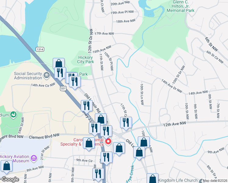 map of restaurants, bars, coffee shops, grocery stores, and more near 1060 14th Avenue Northwest in Hickory