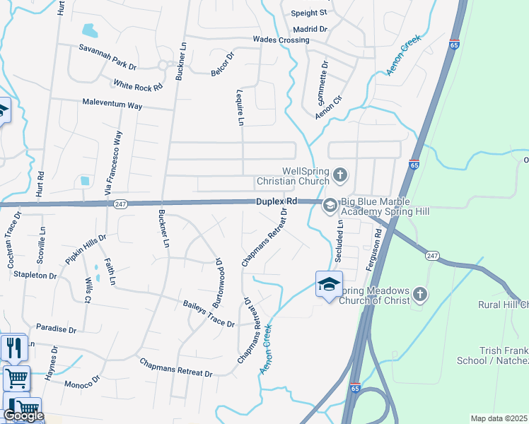 map of restaurants, bars, coffee shops, grocery stores, and more near 1310 Chapman Court in Spring Hill