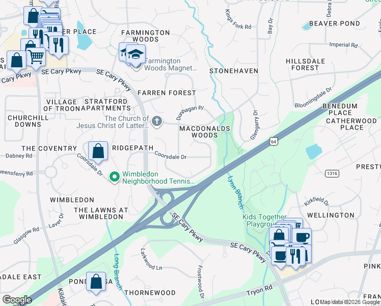 map of restaurants, bars, coffee shops, grocery stores, and more near 106 Coorsdale Drive in Cary