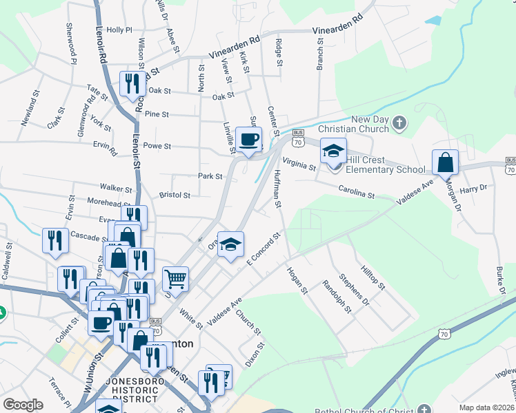 map of restaurants, bars, coffee shops, grocery stores, and more near 708 East Meeting Street in Morganton
