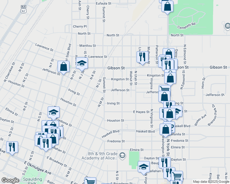 map of restaurants, bars, coffee shops, grocery stores, and more near 912 Maple Street in Muskogee