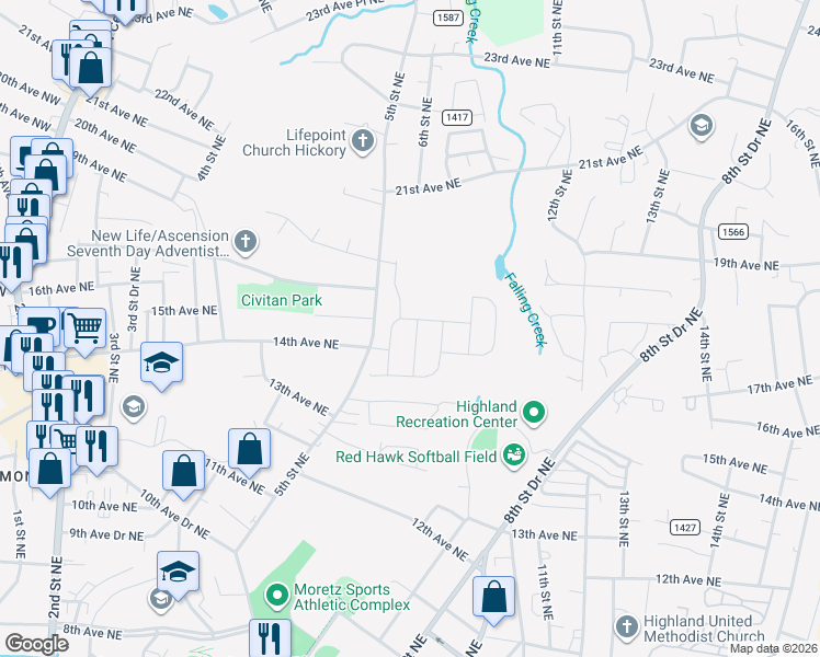 map of restaurants, bars, coffee shops, grocery stores, and more near 1520 5th Street Northeast in Hickory