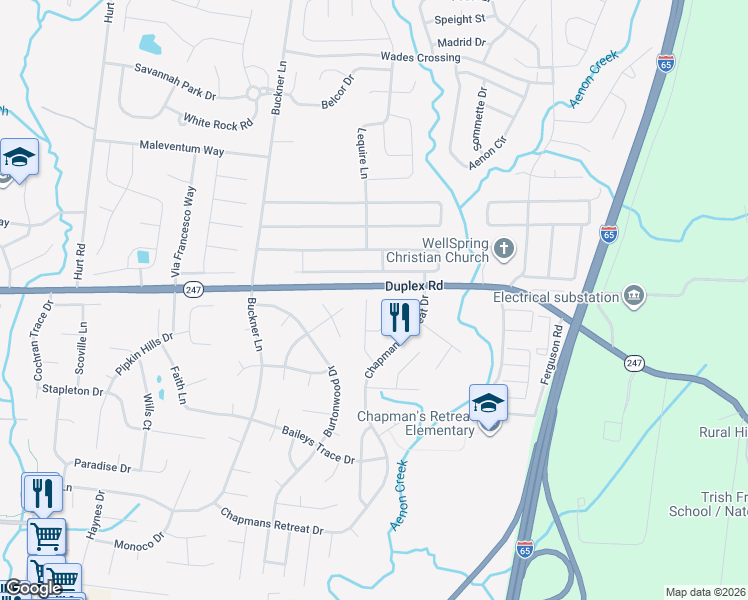 map of restaurants, bars, coffee shops, grocery stores, and more near 1720 Stephenson Lane in Spring Hill